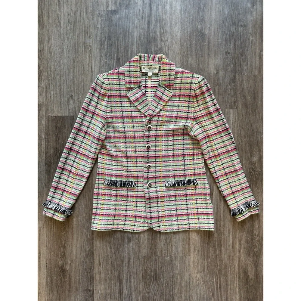 Vintage St. John Collection Knit Fringe Multicolor Plaid Jacket Skirt Suit Set - Picture 5 of 16